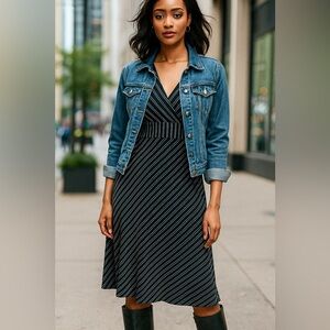 Y2K Vintage Black and White Striped Midi Knee length Dress Stretchy Halter Top
